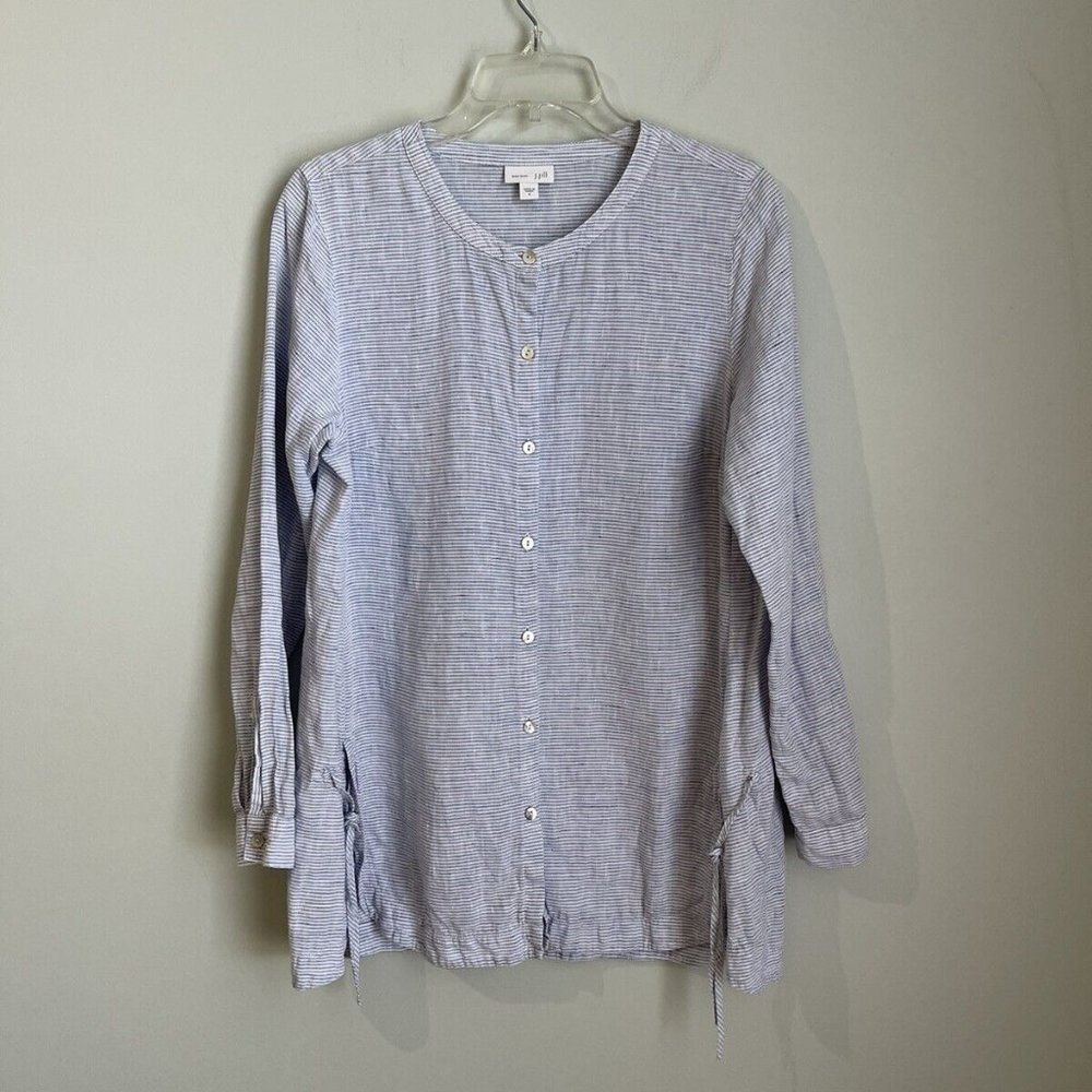 J. Jill Love Linen Blue Striped Side Tie Button Down Tunic